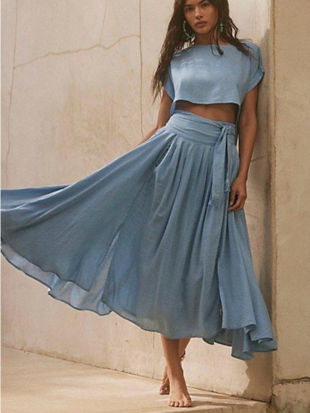 Free People Sky Blue Midi Skirt with Wrap Tie and matching Top